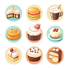 Assorted dessert icons showcasing cupcakes, cake slices, and pastries.