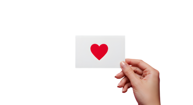 Female Hand Holding a White Card with a Bold Red Heart Symbol Isolated on a Transparent Background PNG.