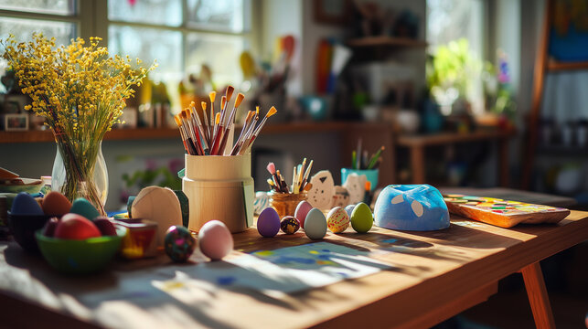 Creative arts and crafts workshop with painting brushes, colorful paints, and DIY design tools on table