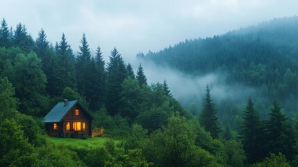 Serene Forest Hideaway: Cozy Wooden Cottage in Misty Morning Fog with Glowing Lights, Symbolizing Tranquility and Harmony with Nature