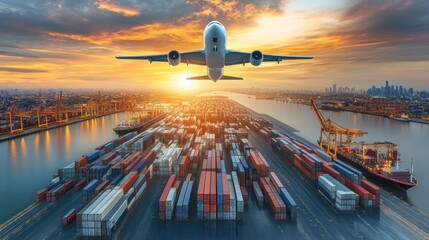 Airplane taking off over cargo containers at sunset.