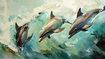 Obraz premium Three Dolphins Leap Through Ocean Waves