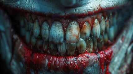 A terrifying closeup of a monstrous clown's bloodstained jagged teeth with a chilling eerie expression
