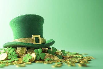 Green Hat Surrounded by Gold Coins and Shamrock Decorations for St. Patrick's Day Celebration