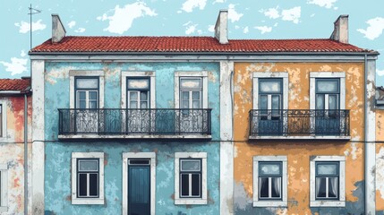 Fototapeta premium Two-story weathered pastel houses with balconies.