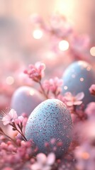 Easter eggs in soft blue shades, sprinkled with glitter, rest among pink flowers, creating a serene and enchanting atmosphere perfect for celebrating spring