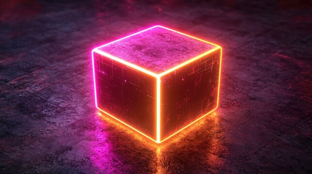Neon pink and orange cube on dark textured floor