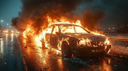 Car engulfed in flames on a wet road at night.