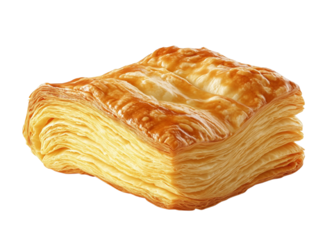 A crisp and golden puff pastry with delicate flaky layers, beautifully presented on a transparent background