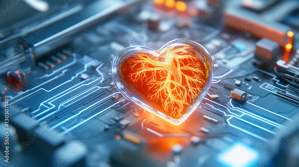 Poster a glowing heart symbol is set in the center of a complex circuit board design, representing the inte