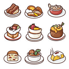 Assorted cartoon desserts include cake, pastry and fruit bowls collection
