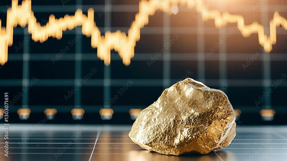 Aufkleber a raw gold nugget sits on a reflective surface with a fluctuating stock market graph in the backgrou