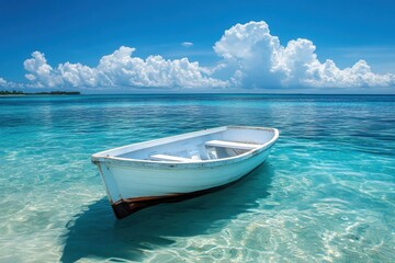 Naklejka premium Calm turquoise waters with a white boat anchored under a bright blue sky