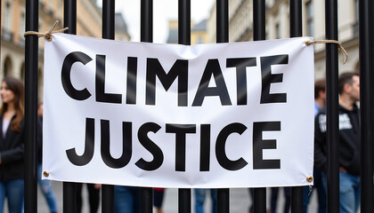 Bold "Climate Justice" banner displayed at a protest with gathered crowd in the background, Climate action banners