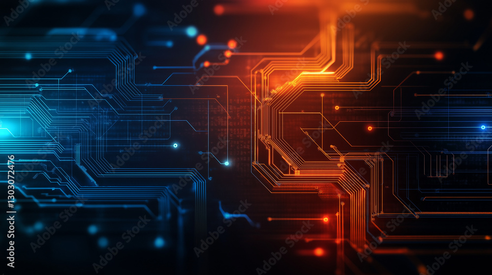 Poster a beauty futuristic abstract background in a high-tech style in blue and orange colors. shining line