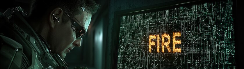 A futuristic scene featuring technology and fire alert display.