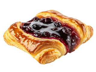 A golden, flaky Danish pastry filled with fresh fruit and topped with a glossy glaze, presented on a transparent background.