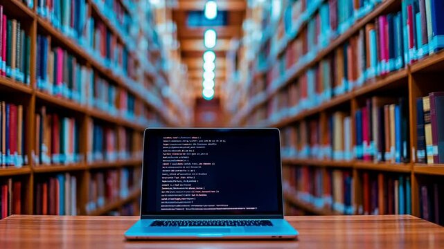 A laptop with running code is placed on a wooden desk in a library surrounded by bookshelves. Concept of artificial intelligence, programming education, and digital transformation in learning spaces.