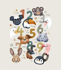 Set of colorful numbers with cute animals and birds with tiny stars and doodles on a beige background