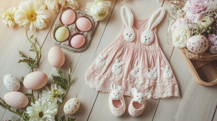 Cute Easter bunny and eggs with floral decor for spring holiday celebration