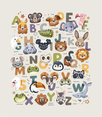 English alphabet with colorful cute animals and tiny doodles on a light beige background
