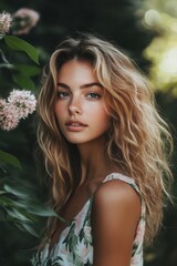 Fototapeta premium Portrait of a young woman with flowing hair amidst vibrant greenery and flowers