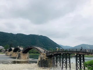 Famous Kintai Wooden Bridge in Japan with a Picturesque Landscape