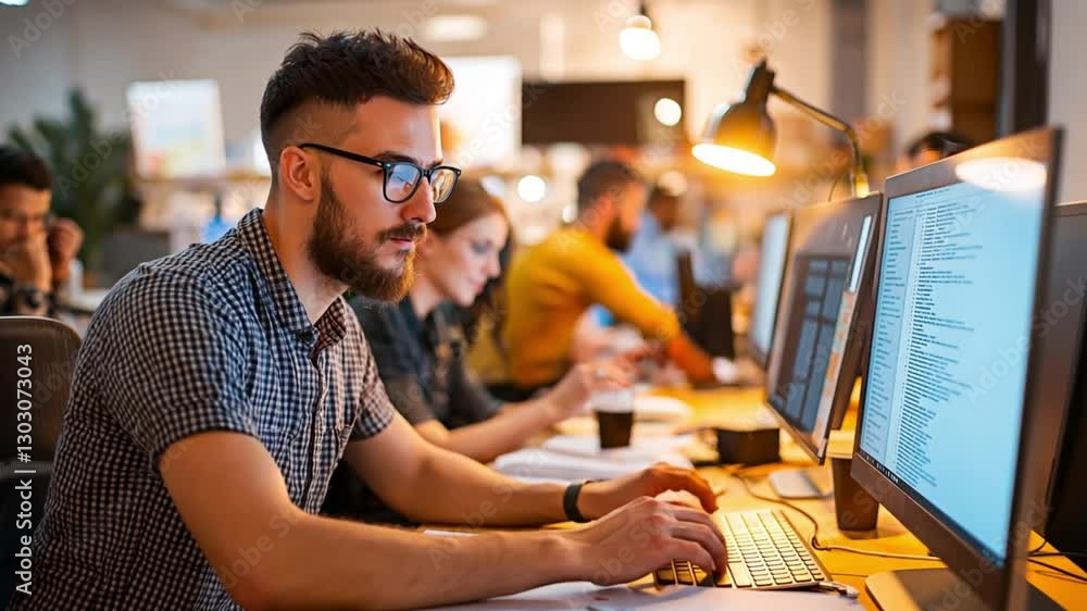 Poster a focused young caucasian software developer with glasses types code on a desktop in a modern office