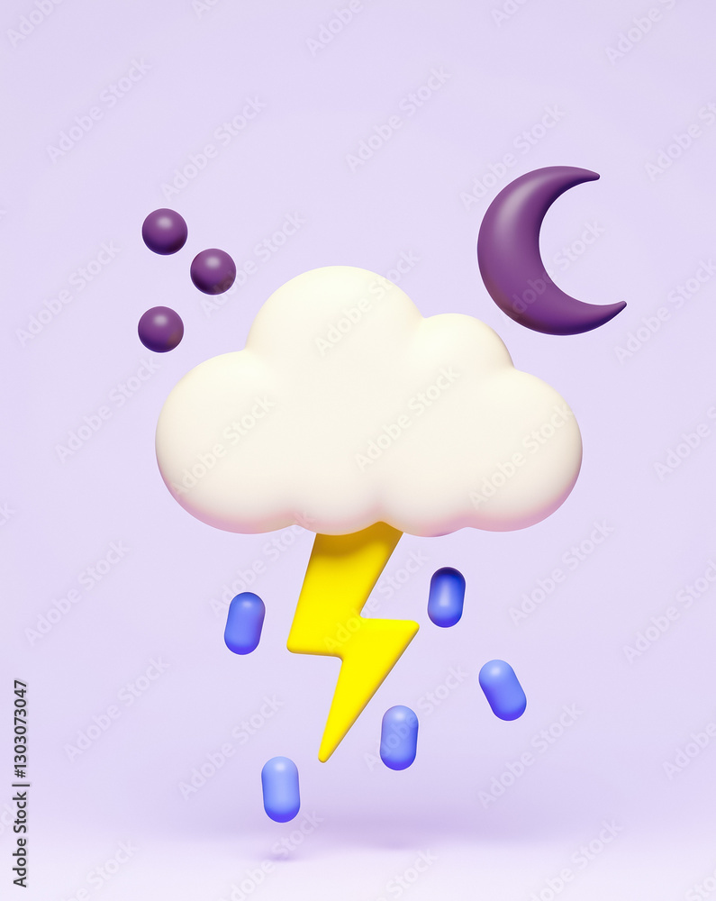 Poster whimsical 3d rendering of a night scene with a cloud lightning and moon