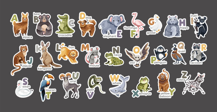 Sticker set of english alphabet matching with cute animals and birds on dark background