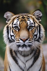 Majestic tiger staring directly at the camera in a lush natural environment
