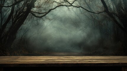 Mystical foggy forest with wooden table.
