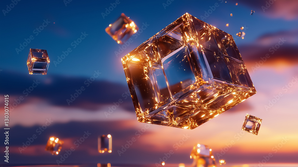 Poster a colossal cube composed of countless smaller cubes hovers in an expansive void, emitting a captivat