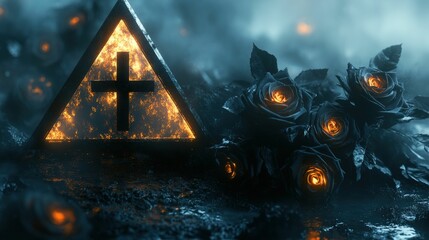 Glowing cross, dark roses, somber mood, mysterious scene.
