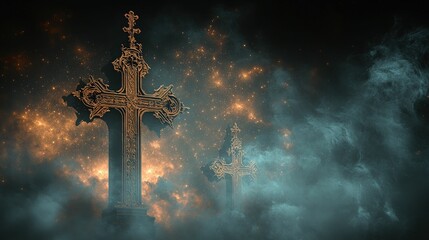 Fototapeta premium Ornate crosses, ethereal mist, celestial glow.
