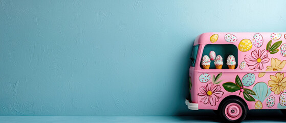 Obraz premium Easter Ice cream. Colorful toy ice cream truck against a pastel background.