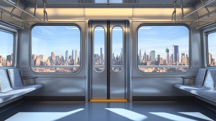 Fototapeta premium Inside a train, angle focusing on the doors with a view of the cityscape through the windows, natural light