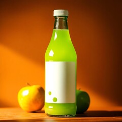 Green Apple Juice Bottle with Blank Label Styled with Green Apple Splashes for Fresh Mockup