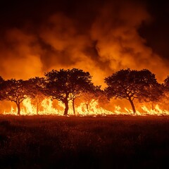 Fototapeta premium Wildfire Nightscape: Flames and Smoke Engulf Forest in Environmental Disaster