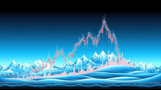 Mountain range with a graph bar and line graph overlaid showcasing data trends in a natural landscape setting