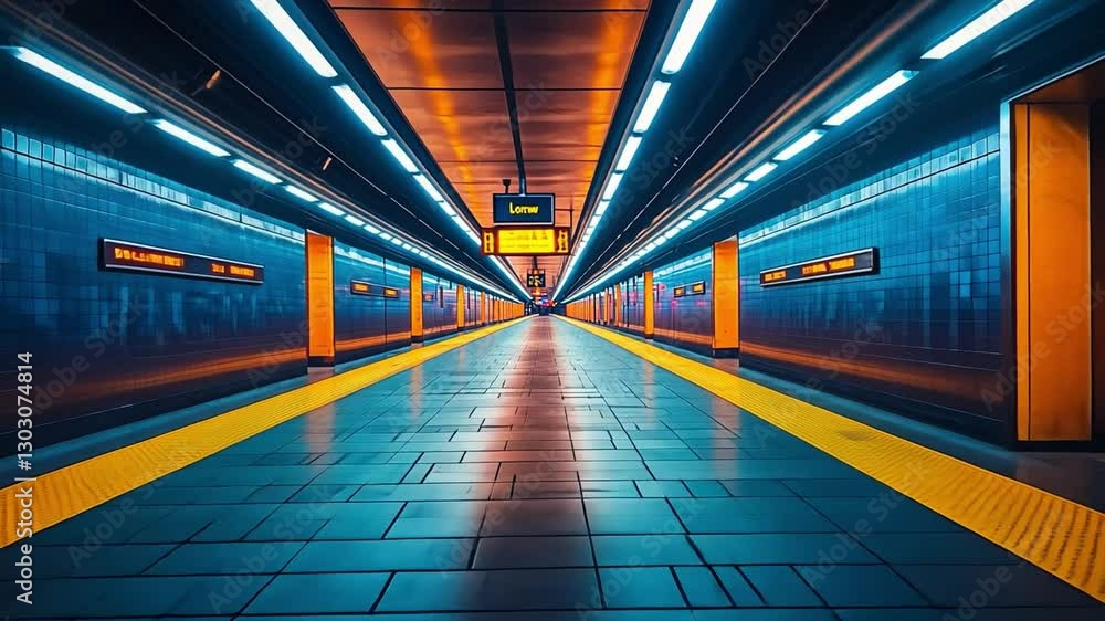 Aufkleber subway tunnel perspective: a symmetrical composition of an illuminated subway tunnel, creating a fut