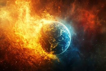 Fiery Earth Surrounded by Cosmic Flames and Celestial Elements in a Cosmic Landscape