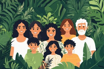 Diverse Family Gathering in Lush Green Tropical Jungle Surrounded by Vibrant Foliage and Plants