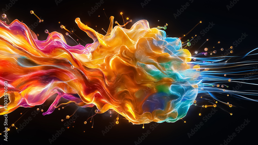 Poster an intricate design showcases a vivid abstract ai network resembling a brain, teeming with swirling 