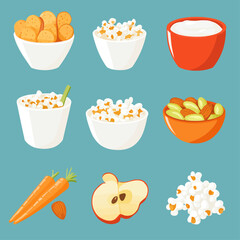 Assortment of snacks; popcorn, crackers, yogurt, carrots, apple and nuts