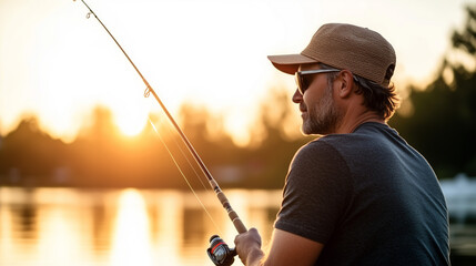 Obraz premium Man fishing at sunset, enjoying a peaceful moment in nature with his rod and reel