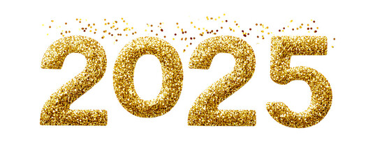 2025 written in golden glitter numbers, isolated on a Transparent background .png 