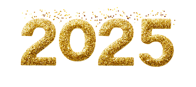 2025 written in golden glitter numbers, isolated on a Transparent background .png 