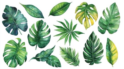Naklejka premium Watercolor tropical leaves collection.