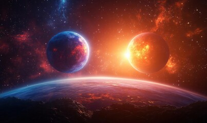 Celestial Symphony: An awe-inspiring cosmic vista showcasing two planets poised in a dynamic interplay of light and color, creating an ethereal and captivating scene.